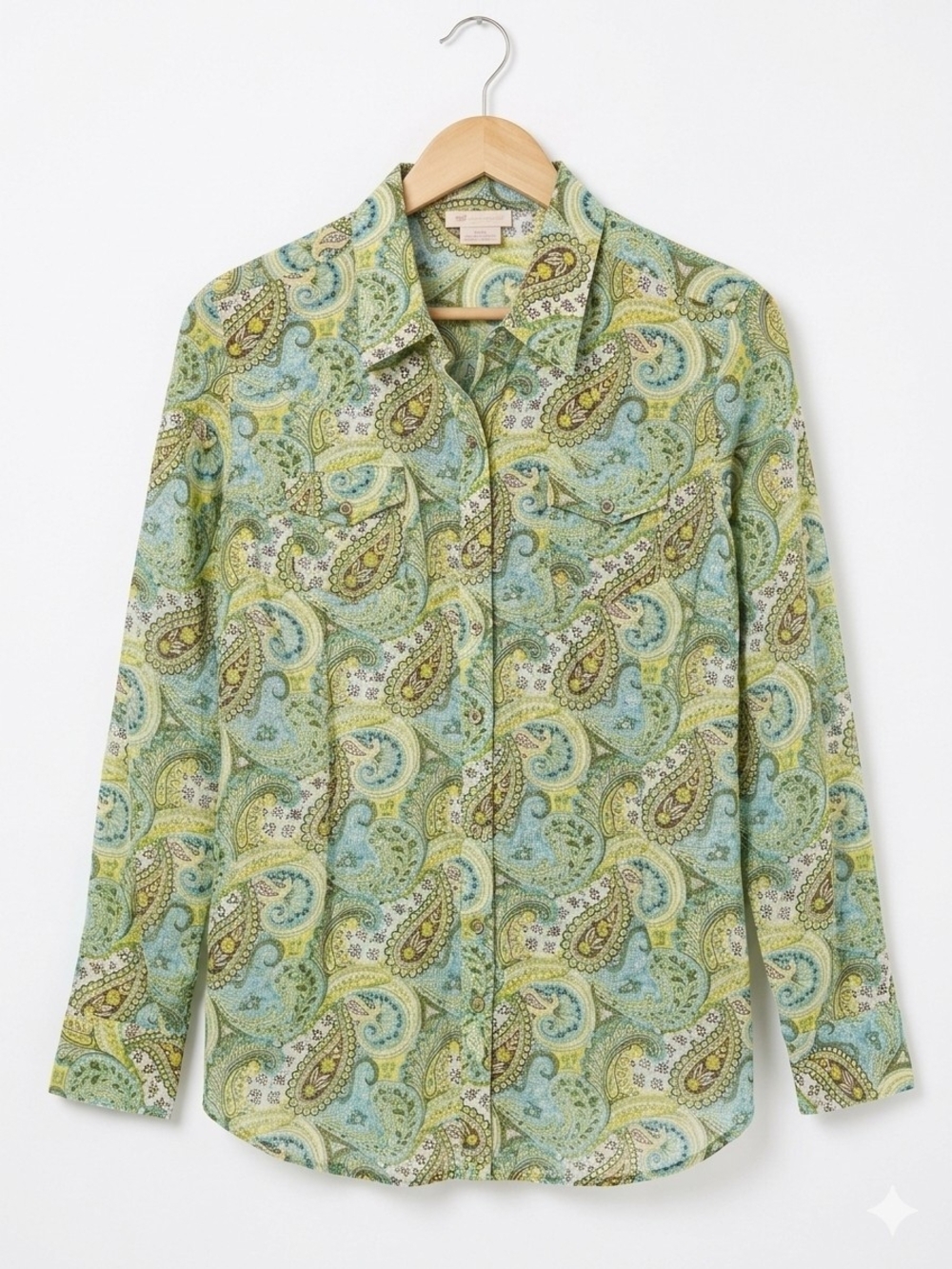 Ariat Green Paisley Button-Down Blouse with Blue Accents